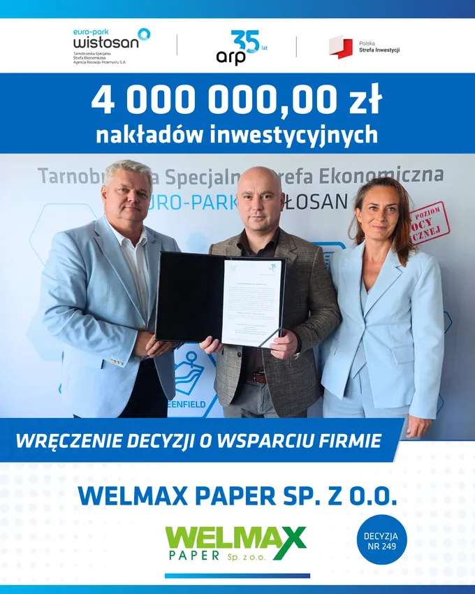 Obraz: Firma WELMAX PAPER sp. z o.o. z decyzją o wsparciu TSSE